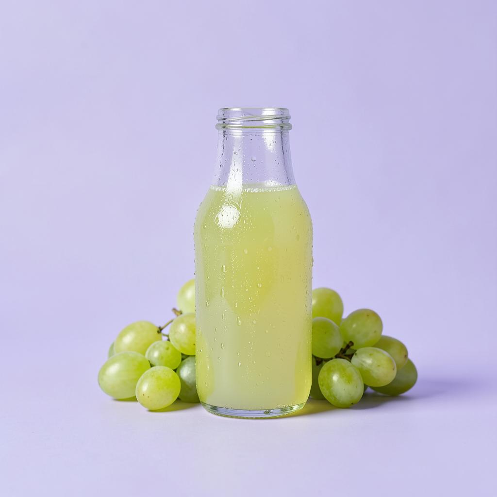 Chilled 250ml bottle of GRAPPY green grape juice beside whole green grapes
