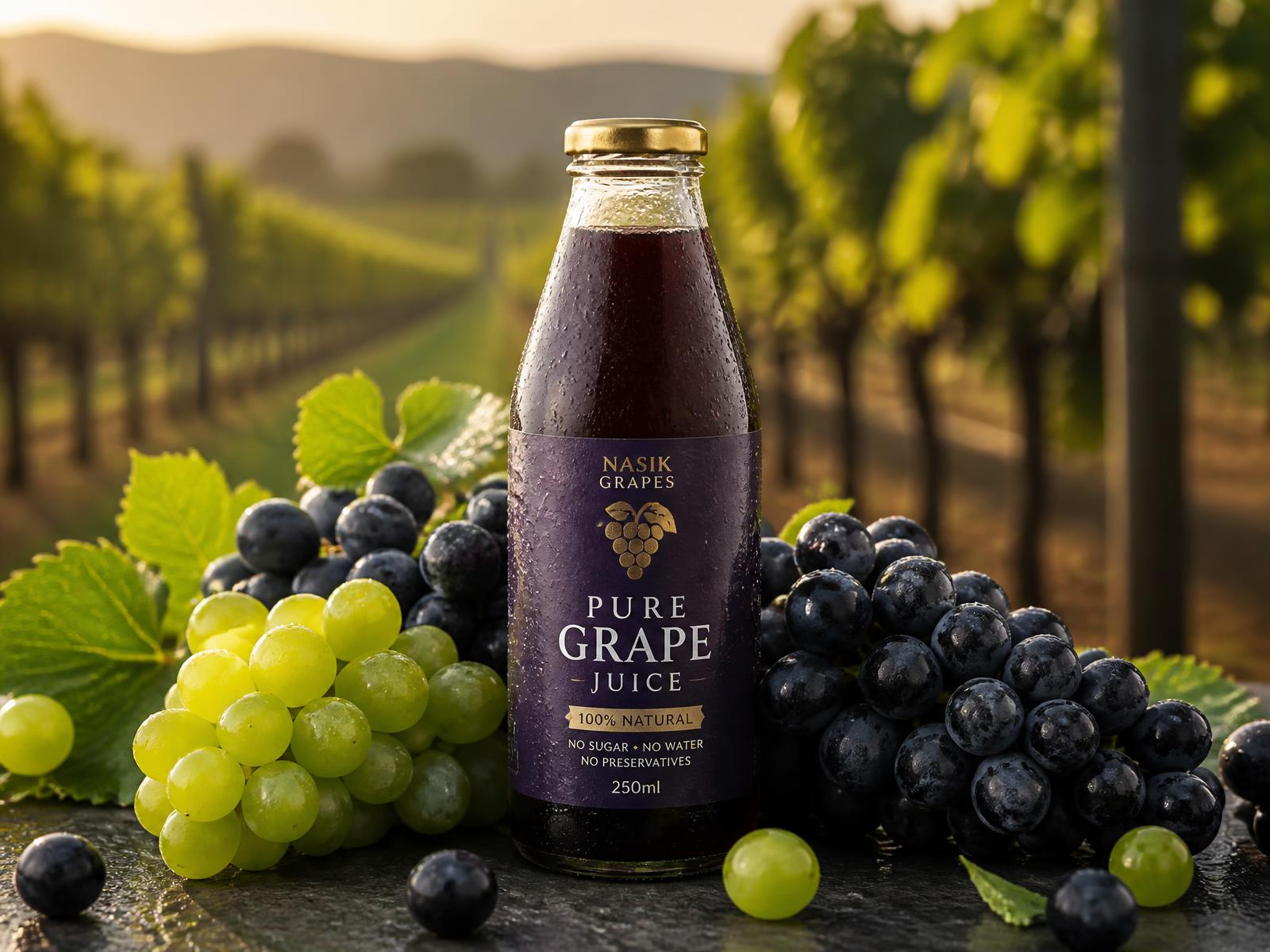 Chilled GRAPPY grape juice bottle with condensation beside whole green and black grapes in a Nasik vineyard